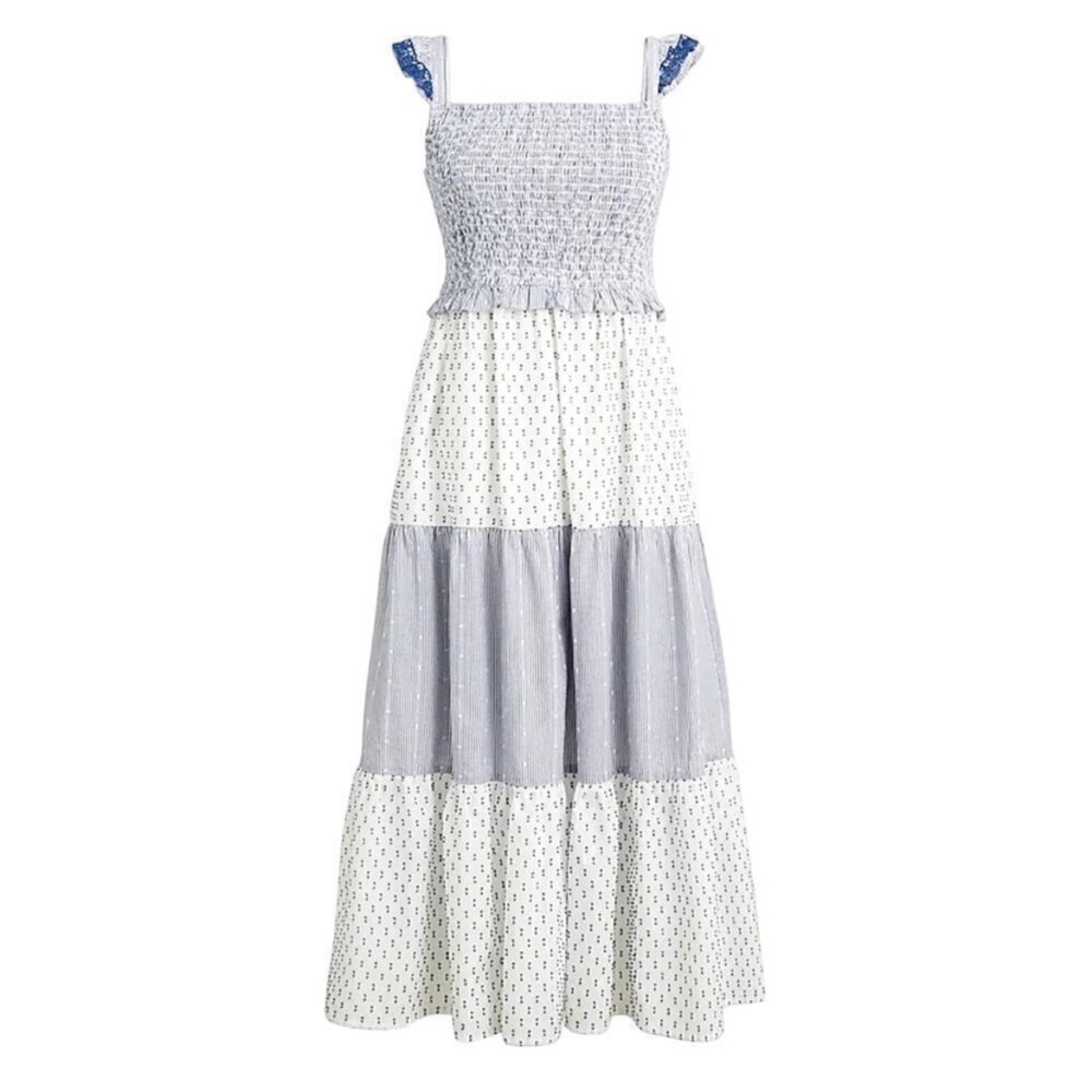 J.Crew Factory Women's Smocked clip-dot midi dress blue white summer medium